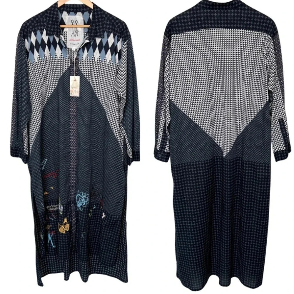 NWT Johnny Was Neelu Voile Shirt Dress Button Front Blue Embroidered Small